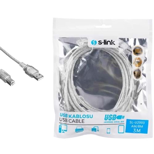 S-link SL-U2003 Usb 2.0 Şeffaf Yazıcı Kablo 3Mt